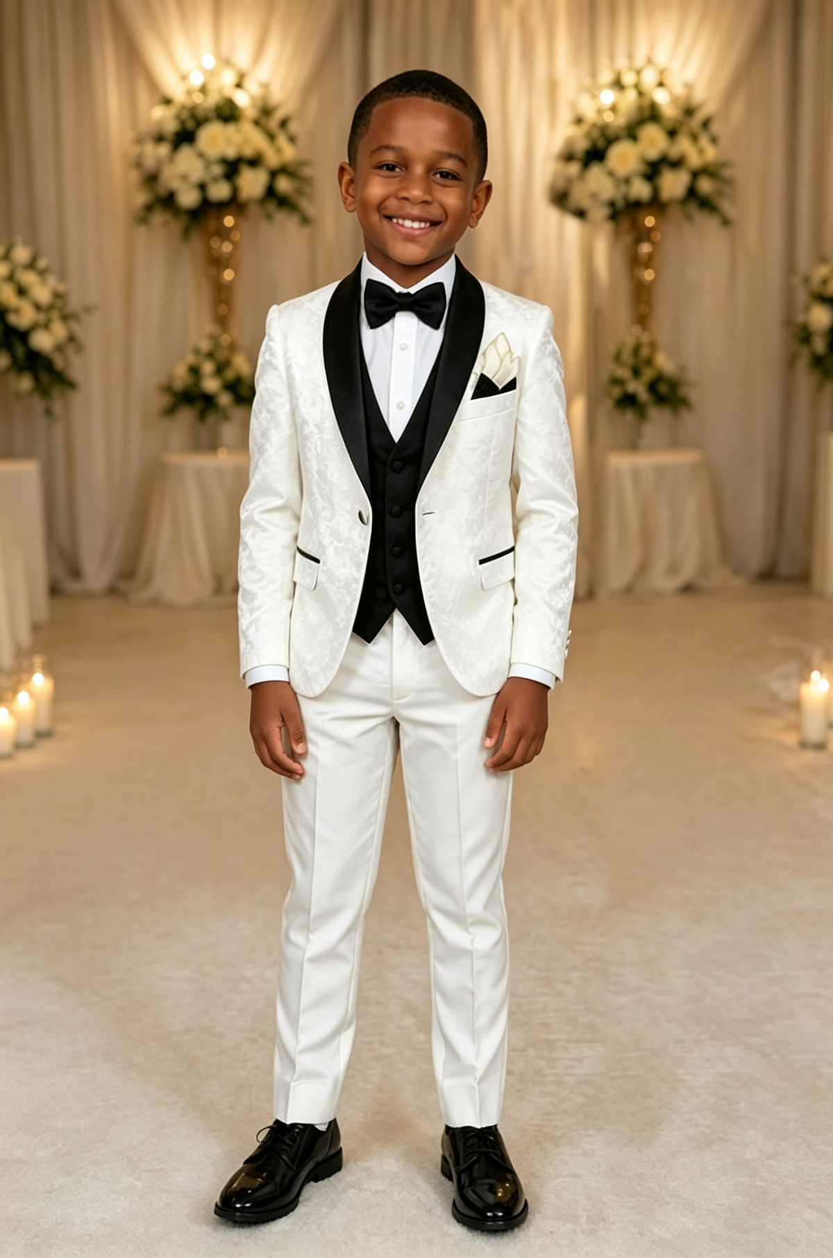 White & Black Jacquard Satin Lapel Single‑Breasted Formal 3‑Piece Suit Set