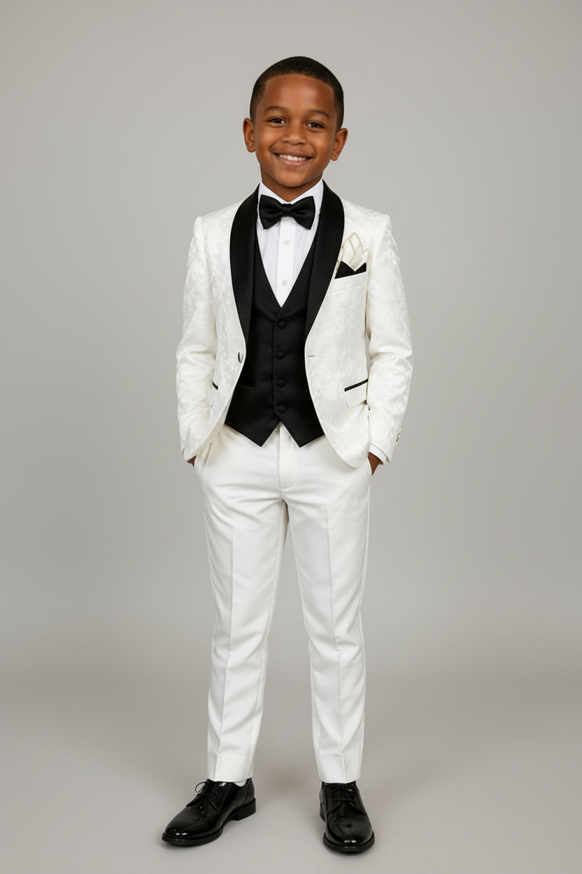White & Black Jacquard Satin Lapel Single‑Breasted Formal 3‑Piece Suit Set