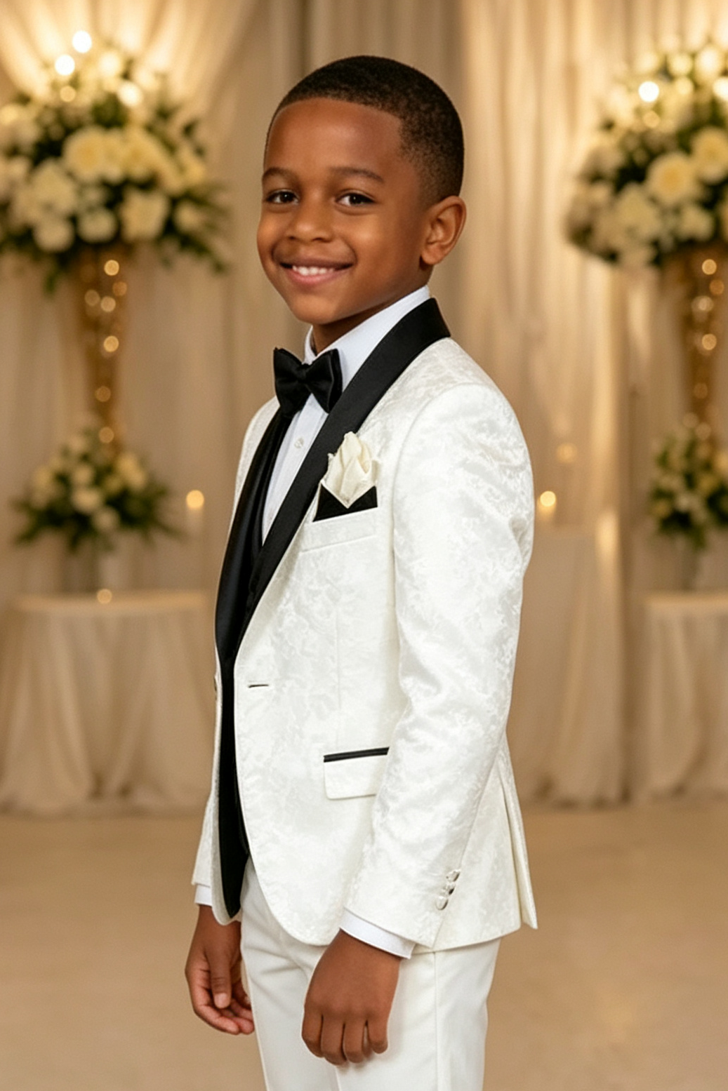 White & Black Jacquard Satin Lapel Single‑Breasted Formal 3‑Piece Suit Set