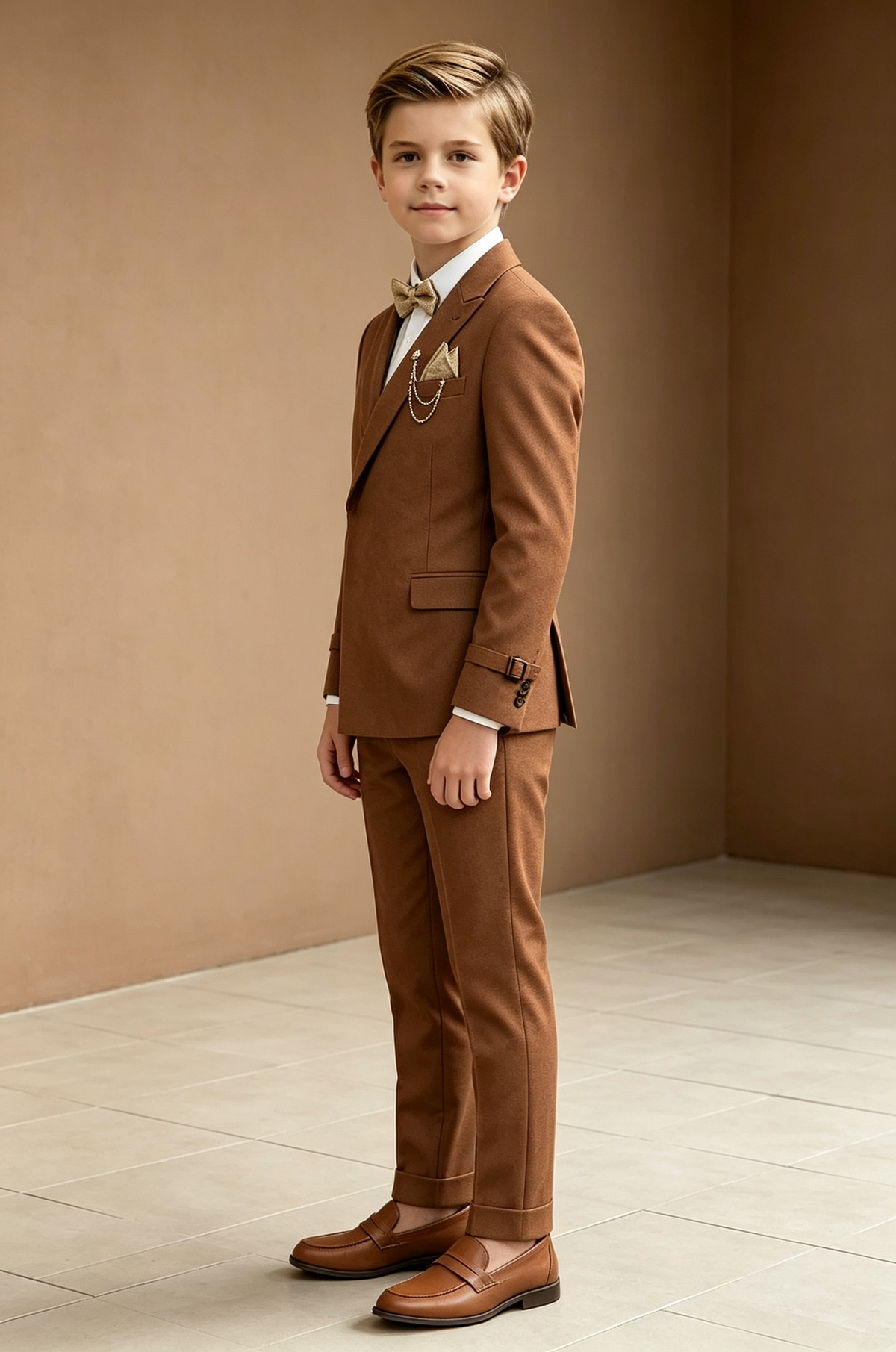 Brown Blend Adjustable Waist Buckle Double‑Breasted 2‑Piece Suit Set