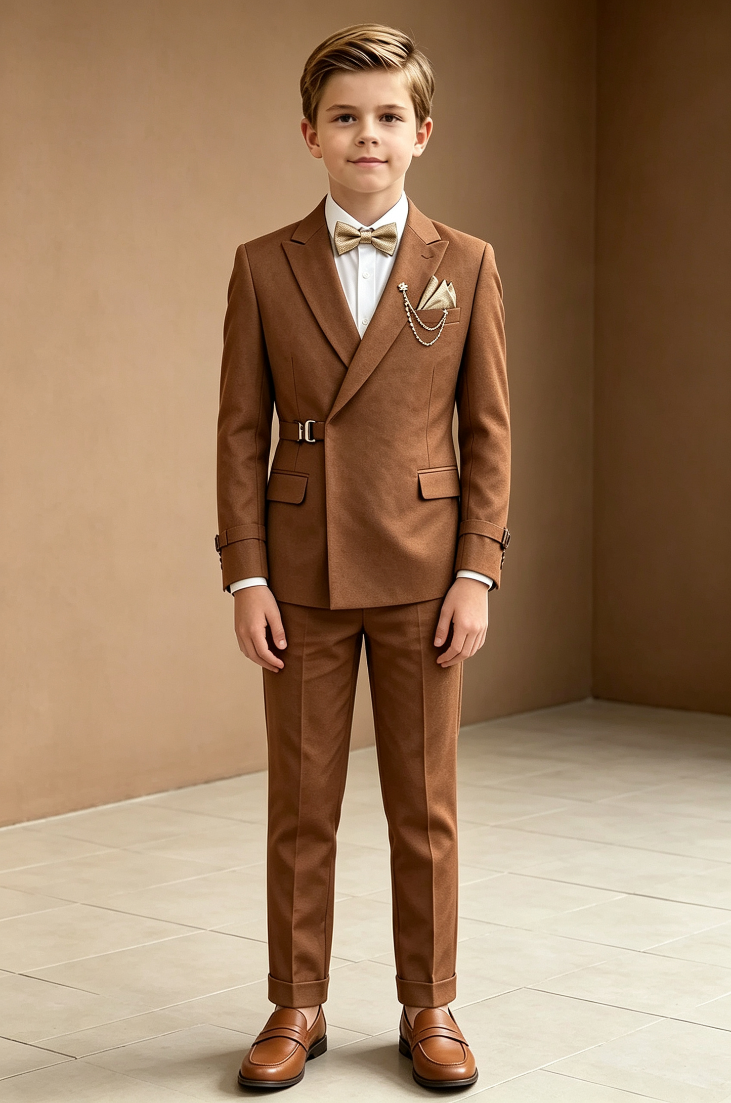 Brown Blend Adjustable Waist Buckle Double‑Breasted 2‑Piece Suit Set