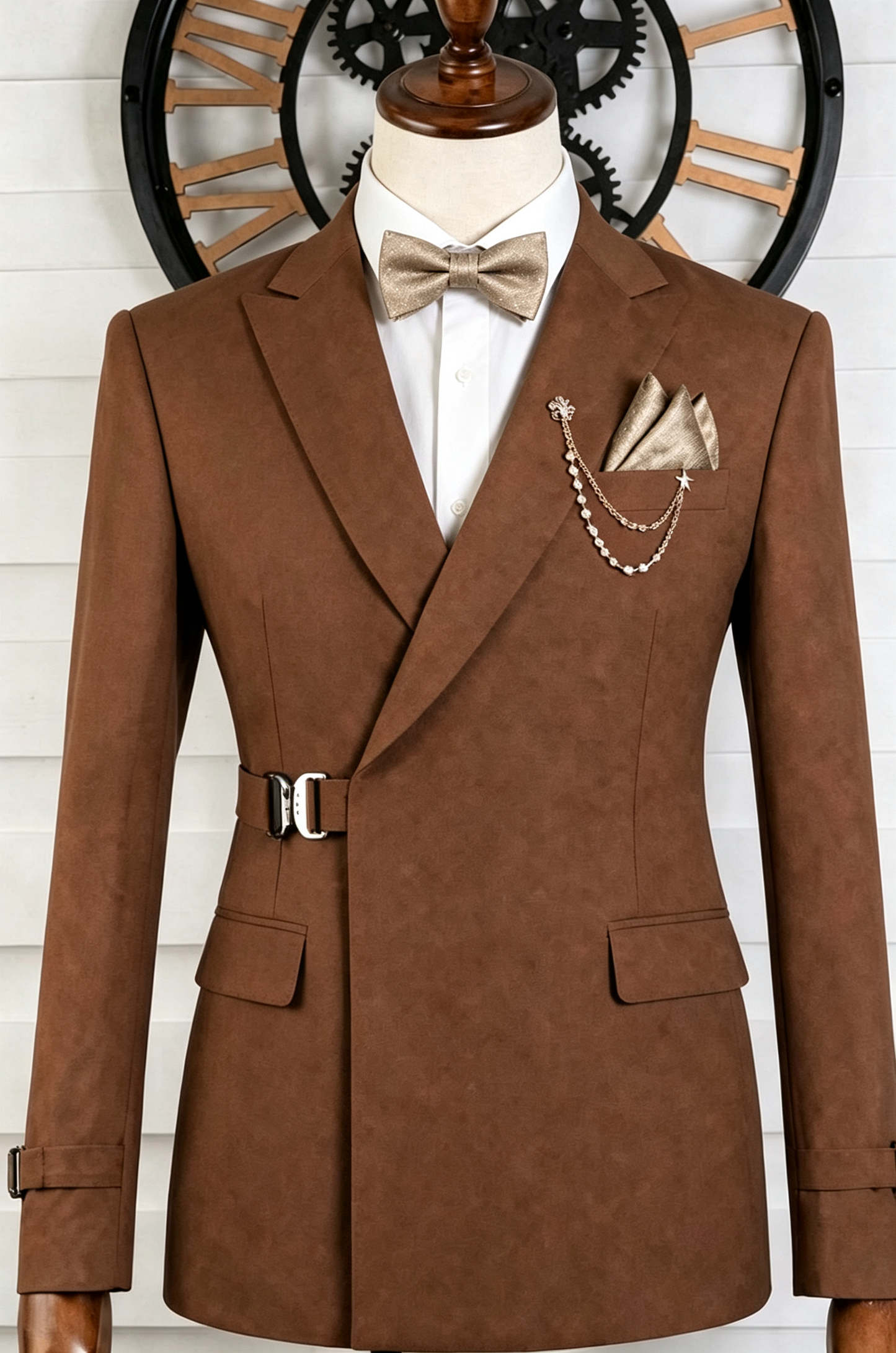 Brown Blend Adjustable Waist Buckle Double‑Breasted 2‑Piece Suit Set