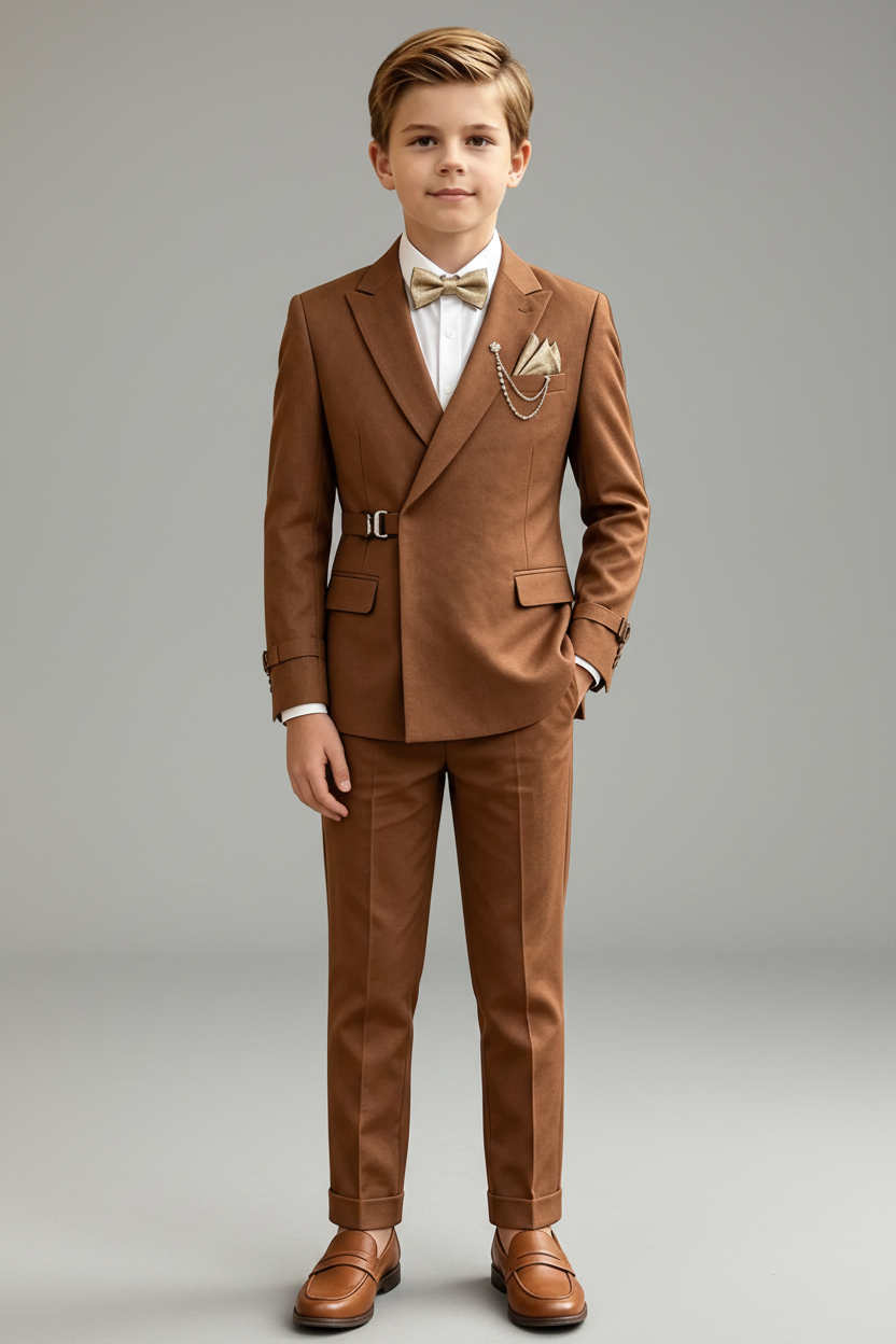 Brown Blend Adjustable Waist Buckle Double‑Breasted 2‑Piece Suit Set