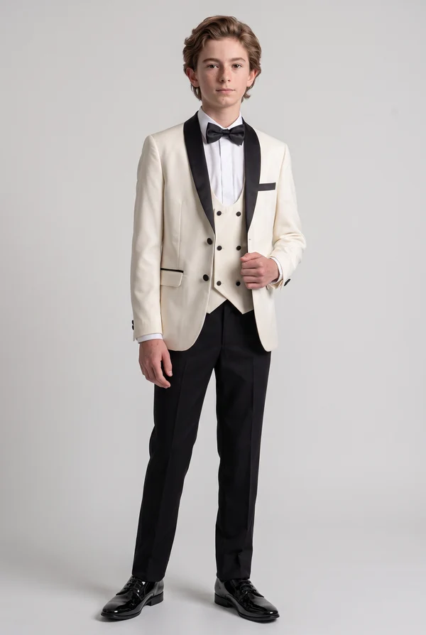 Cream & Black Contrast Single‑Breasted Tuxedo 3‑Piece Suit Set