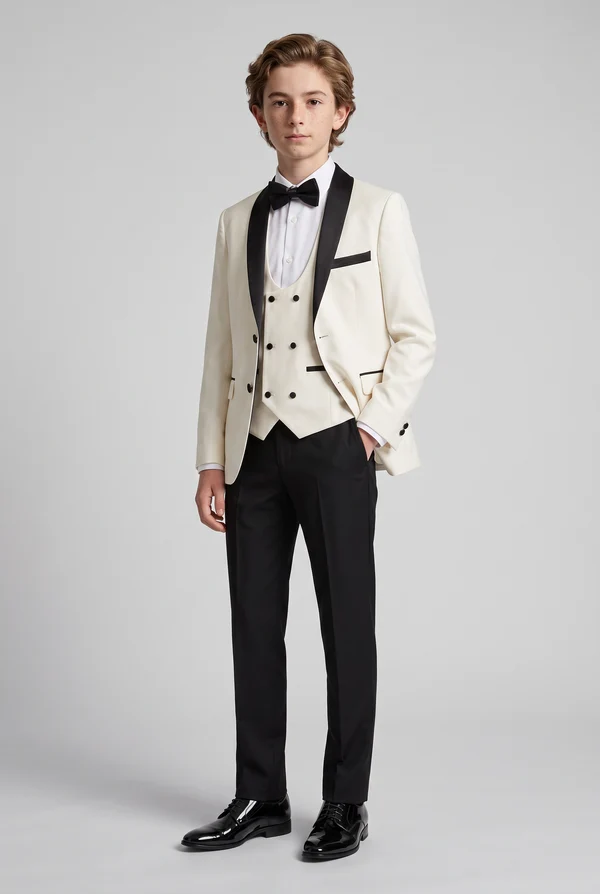 Cream & Black Contrast Single‑Breasted Tuxedo 3‑Piece Suit Set