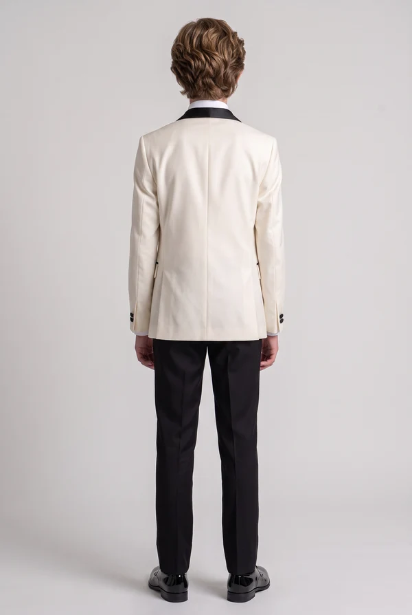 Cream & Black Contrast Single‑Breasted Tuxedo 3‑Piece Suit Set