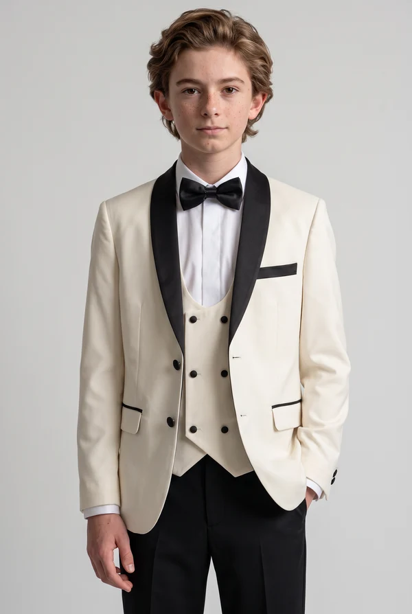 Cream & Black Contrast Single‑Breasted Tuxedo 3‑Piece Suit Set