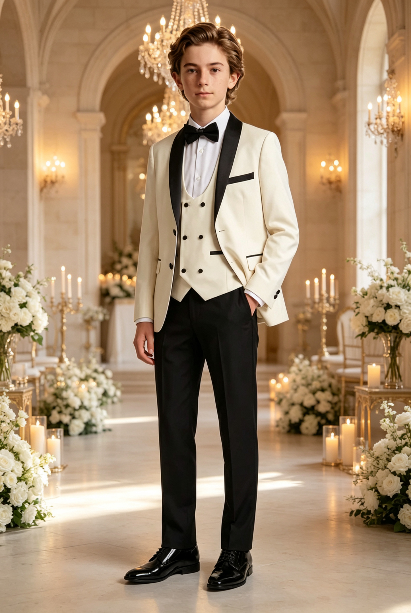 Cream & Black Contrast Single‑Breasted Tuxedo 3‑Piece Suit Set
