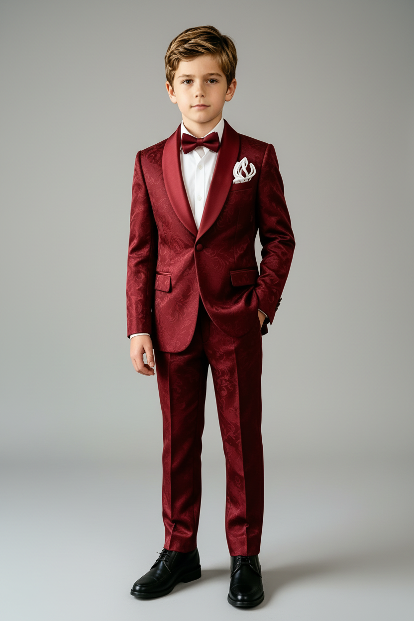 Burgundy Satin Jacquard Single‑Breasted Shawl Lapel Formal 2‑Piece Suit Set