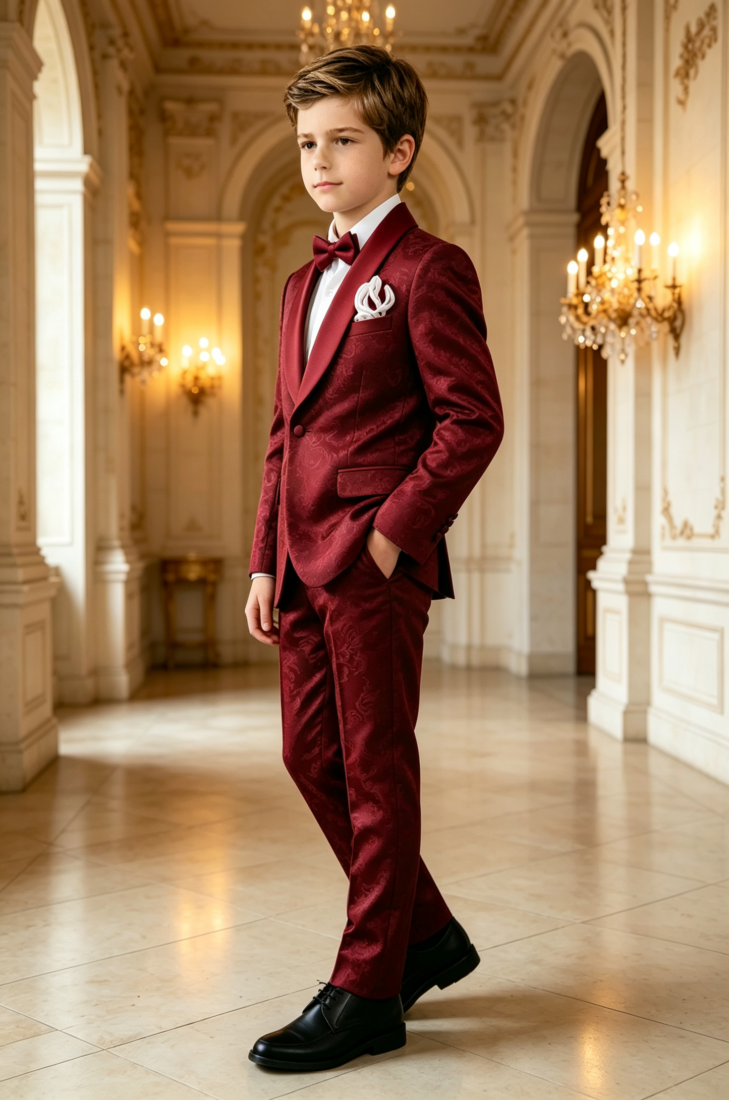 Burgundy Satin Jacquard Single‑Breasted Shawl Lapel Formal 2‑Piece Suit Set