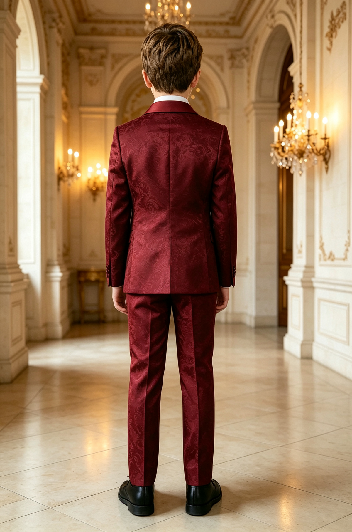 Burgundy Satin Jacquard Single‑Breasted Shawl Lapel Formal 2‑Piece Suit Set