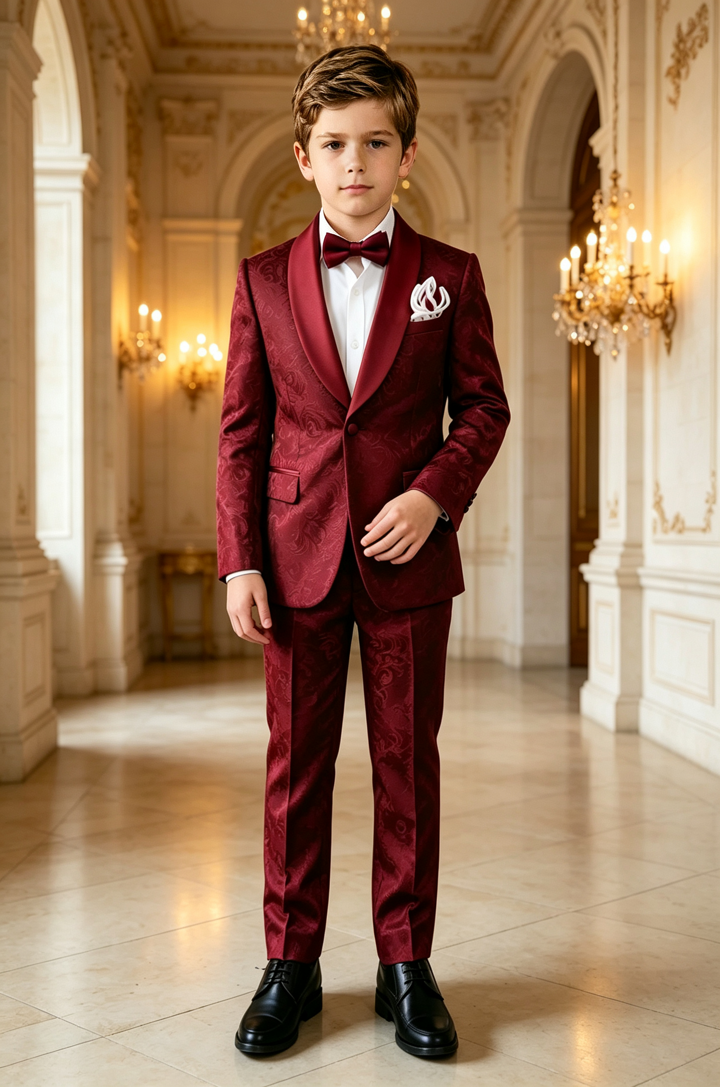 Burgundy Satin Jacquard Single‑Breasted Shawl Lapel Formal 2‑Piece Suit Set