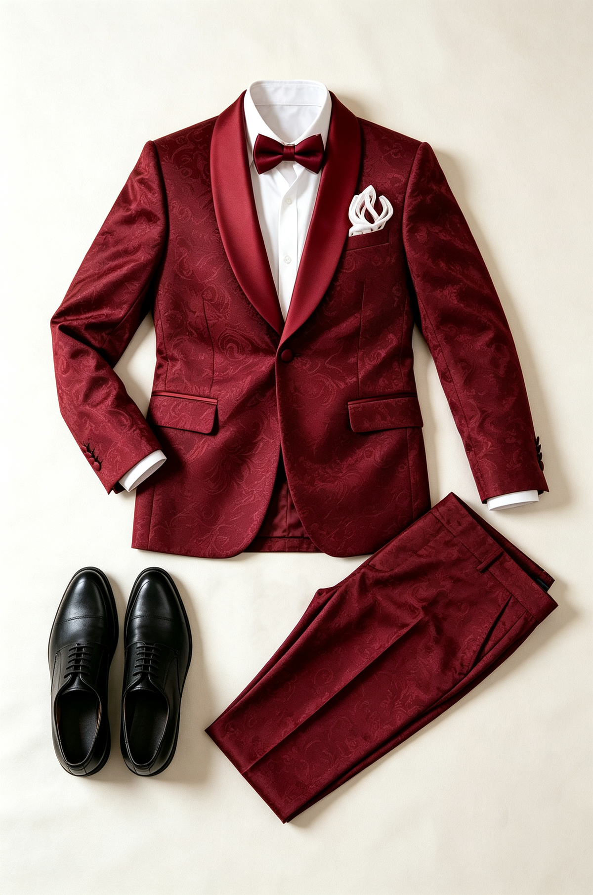 Burgundy Satin Jacquard Single‑Breasted Shawl Lapel Formal 2‑Piece Suit Set