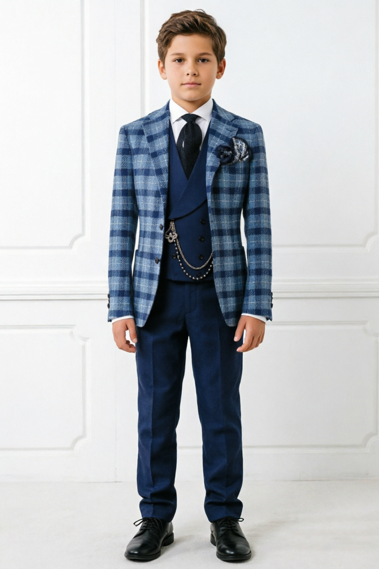 Blue Plaid Navy Blend Single‑Breasted Formal 3‑Piece Suit Set