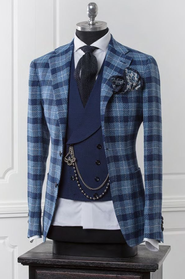 Blue Plaid Navy Blend Single‑Breasted Formal 3‑Piece Suit Set