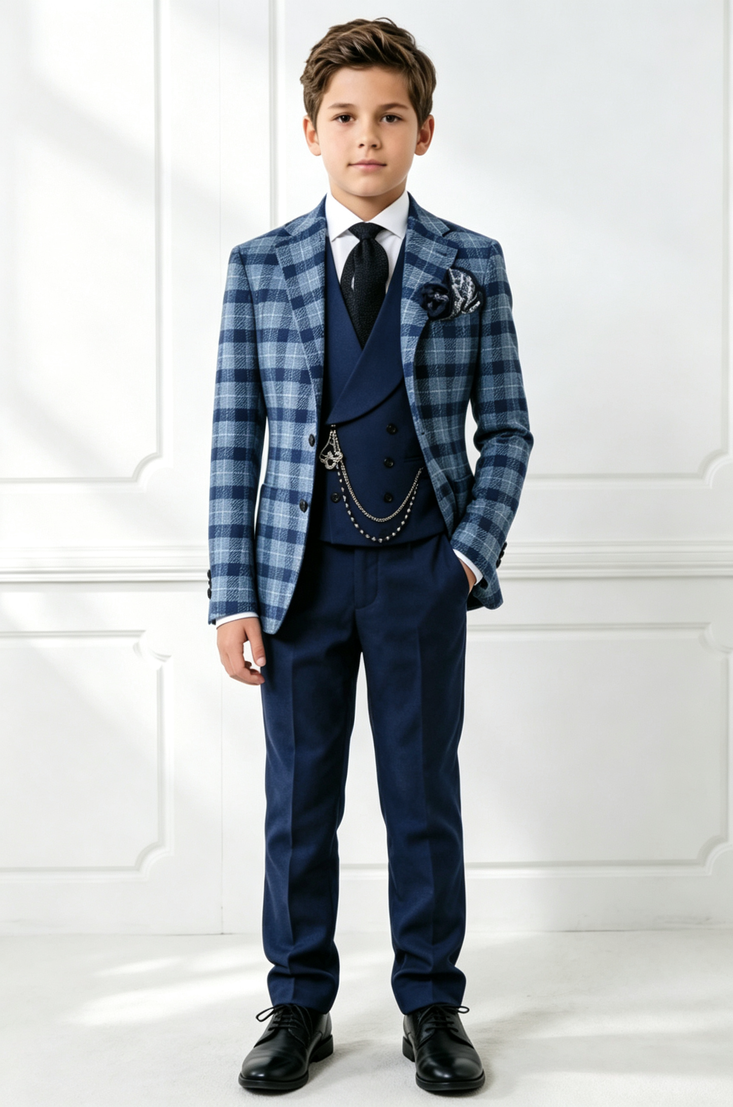 Blue Plaid Navy Blend Single‑Breasted Formal 3‑Piece Suit Set