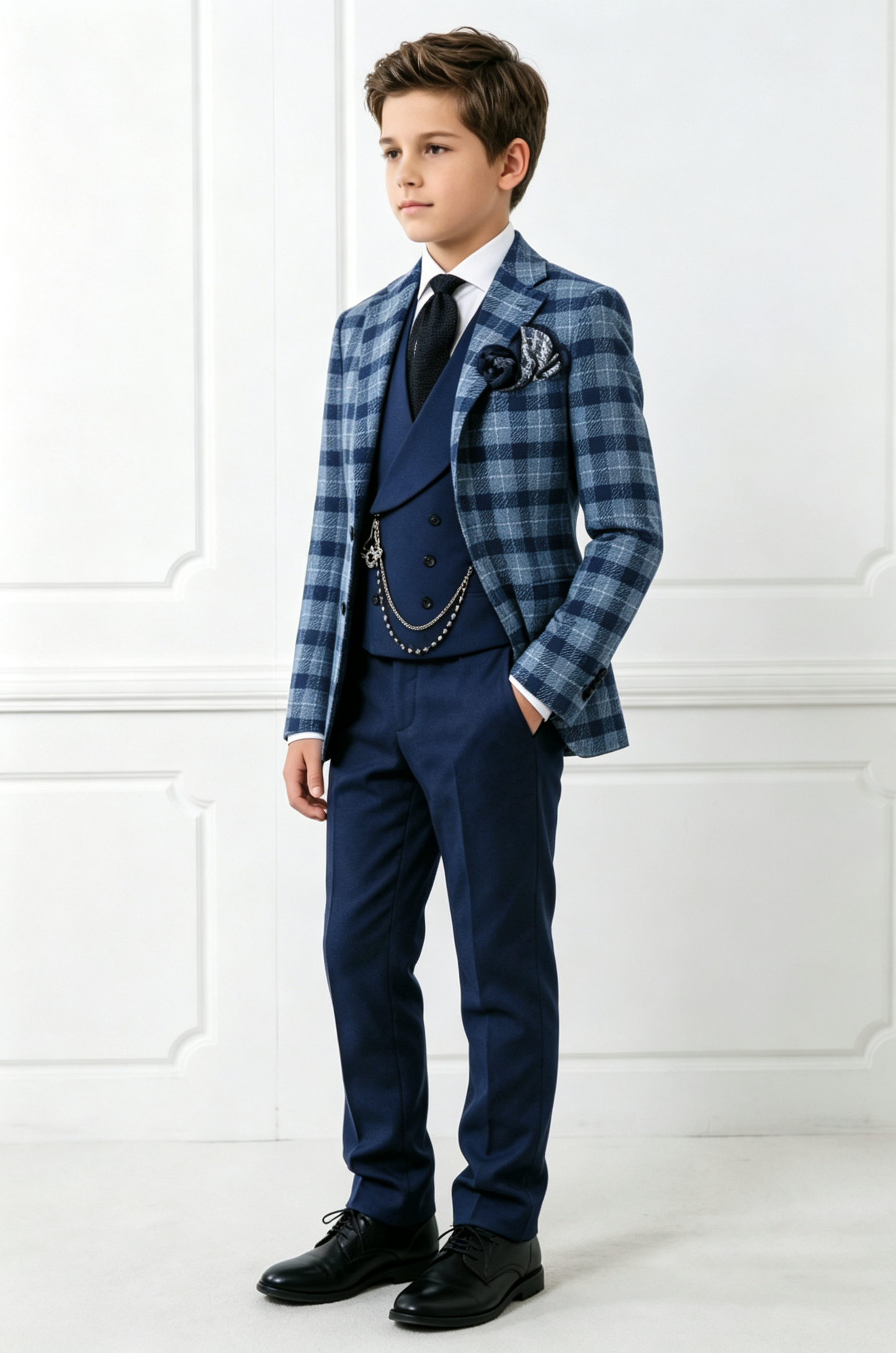 Blue Plaid Navy Blend Single‑Breasted Formal 3‑Piece Suit Set