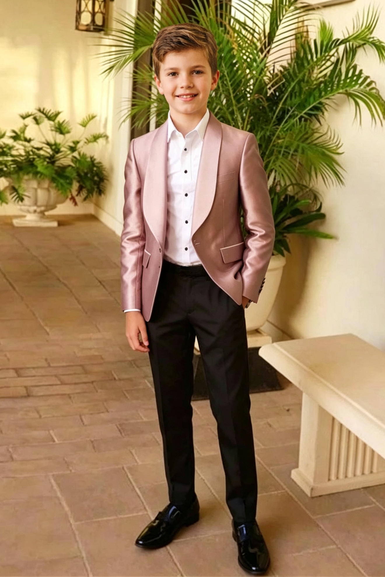 Dusty Pink Satin Black Blend Single‑Breasted Contrast Tuxedo 2‑Piece Suit Set