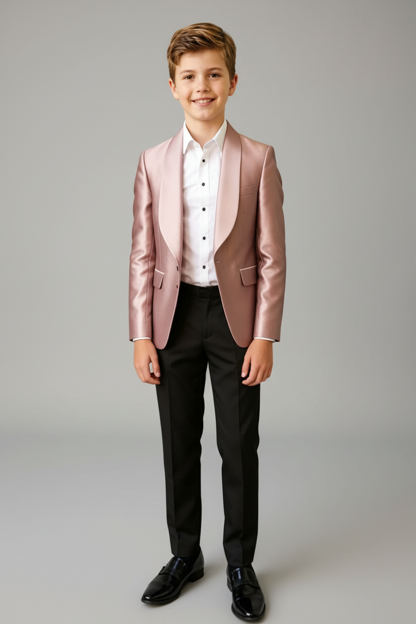 Dusty Pink Satin Black Blend Single‑Breasted Contrast Tuxedo 2‑Piece Suit Set