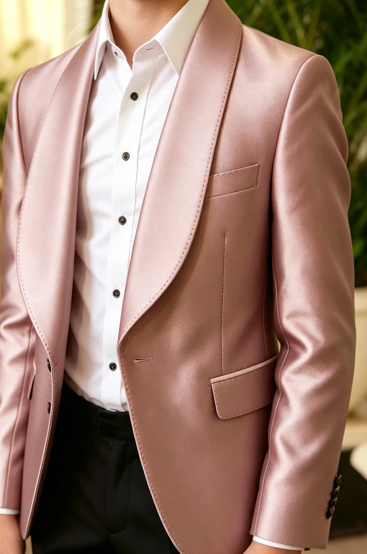 Dusty Pink Satin Black Blend Single‑Breasted Contrast Tuxedo 2‑Piece Suit Set
