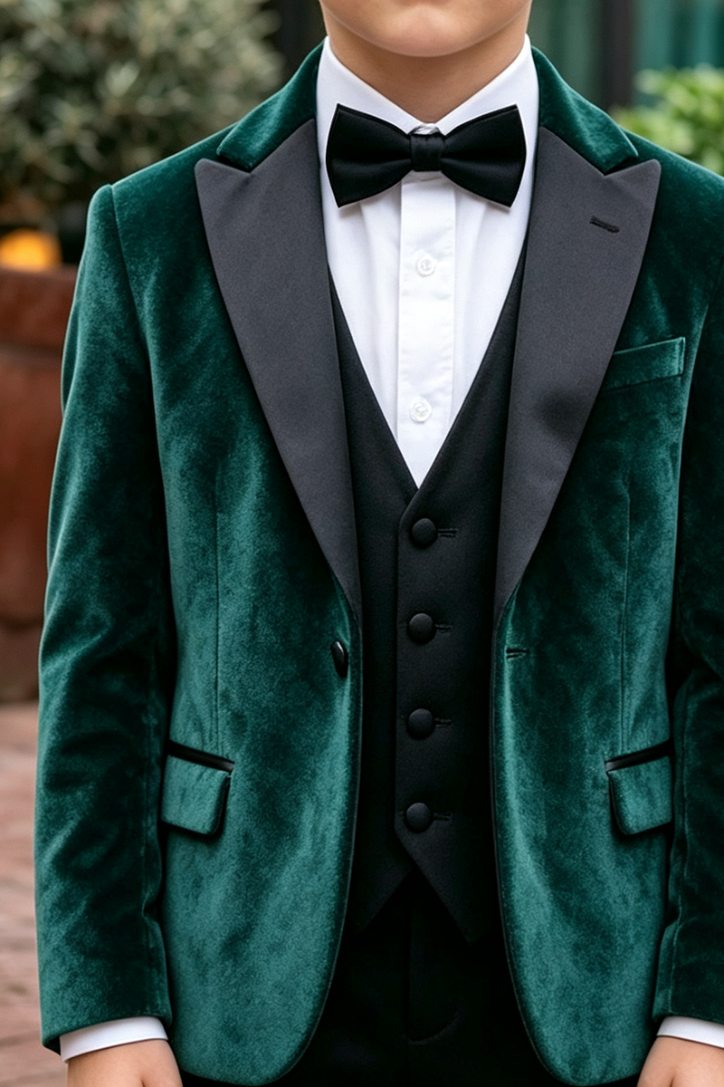 Boys Emerald Green Velve with Satin Lapel 3‑Piece Suit