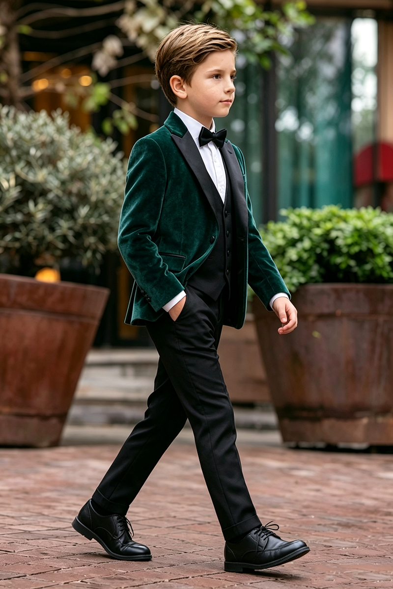 Boys Emerald Green Velve with Satin Lapel 3‑Piece Suit