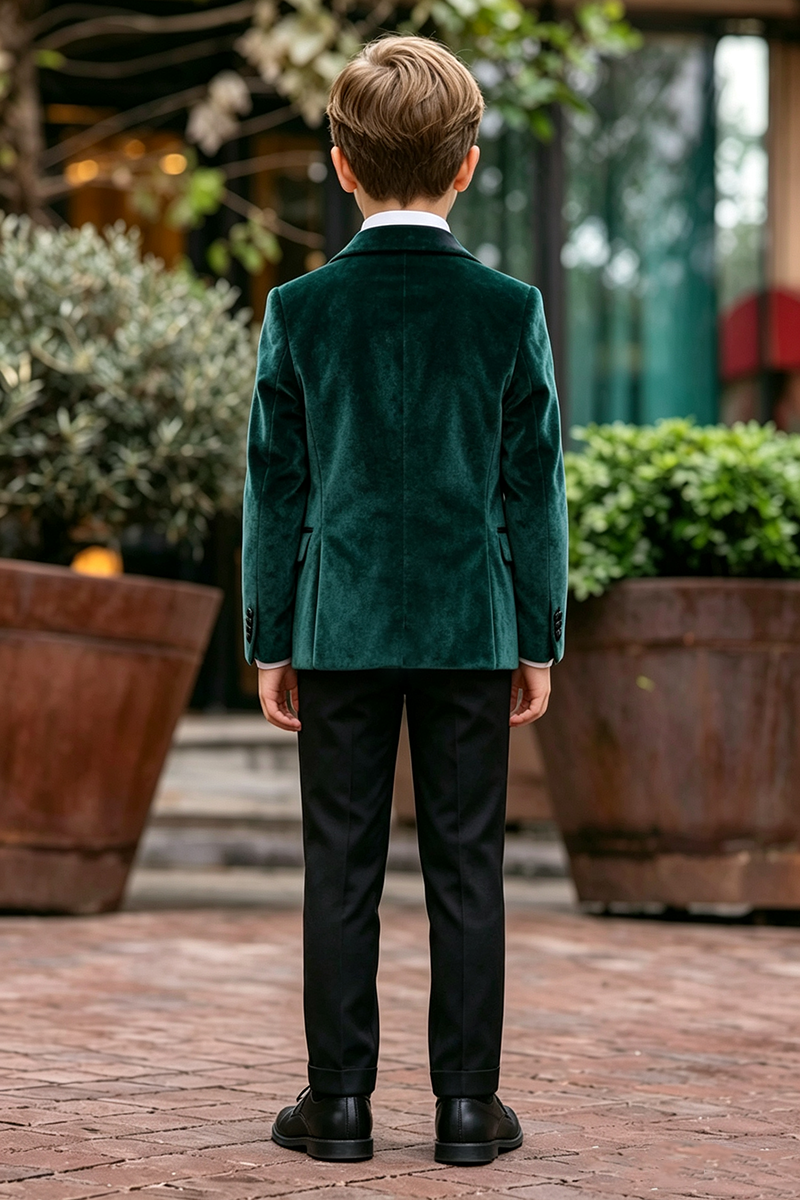 Boys Emerald Green Velve with Satin Lapel 3‑Piece Suit