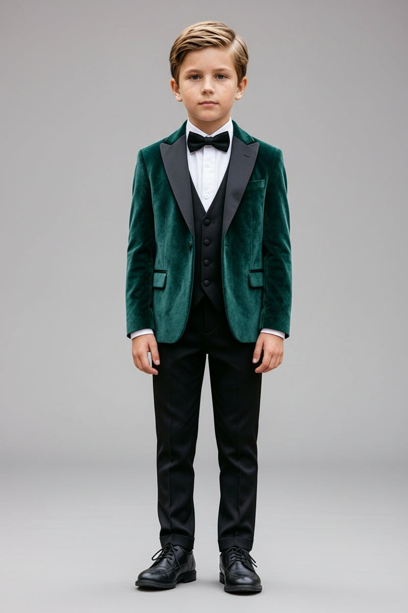 Boys Emerald Green Velve with Satin Lapel 3‑Piece Suit