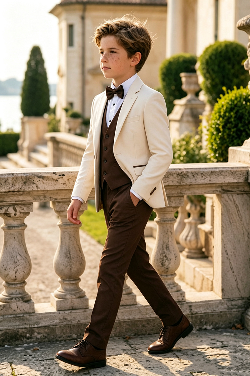 Boys Cream with Contrast Brown 3‑Piece Suit for Weddings