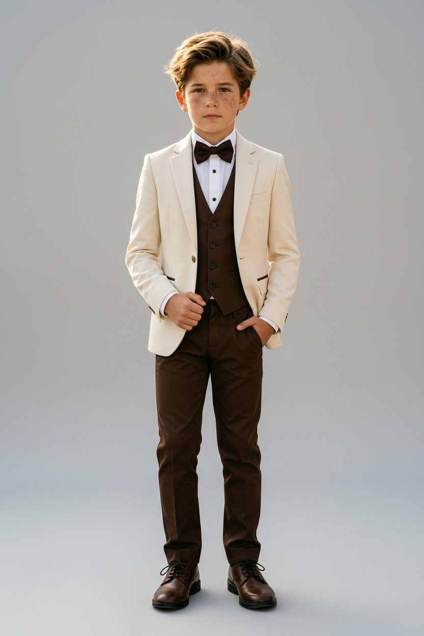 Boys Cream with Contrast Brown 3‑Piece Suit for Weddings