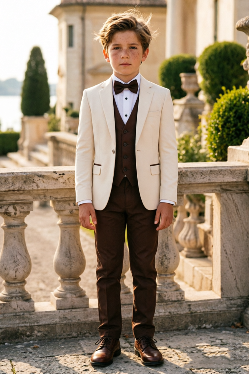 Boys Cream with Contrast Brown 3‑Piece Suit for Weddings
