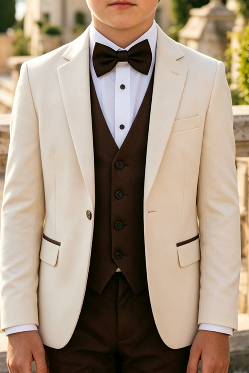 Boys Cream with Contrast Brown 3‑Piece Suit for Weddings