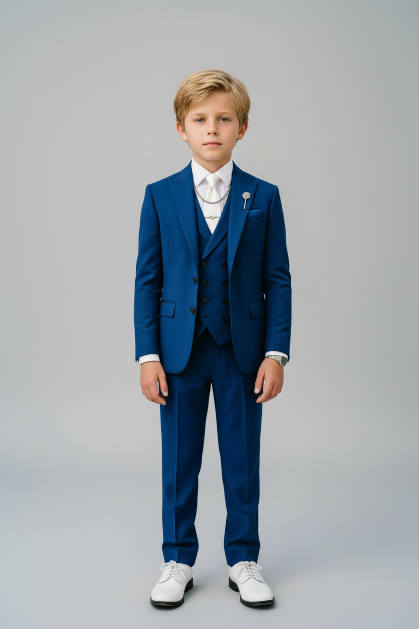 Boys Royal Blue with Classic Notch Lapel 3‑Piece Suit for Weddings