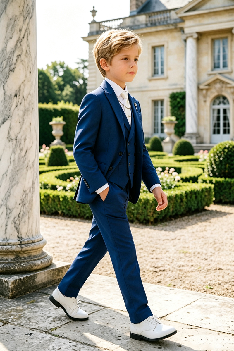 Boys Royal Blue with Classic Notch Lapel 3‑Piece Suit for Weddings