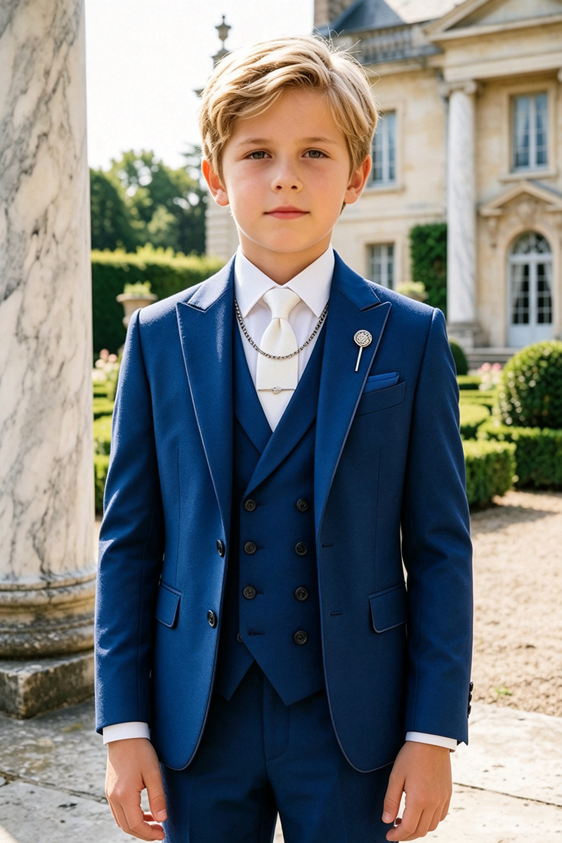 Boys Royal Blue with Classic Notch Lapel 3‑Piece Suit for Weddings