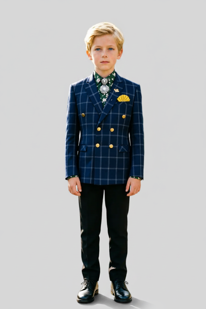 Boys Navy Plaid with Double‑Breaste 2‑Piece Suit for Weddings