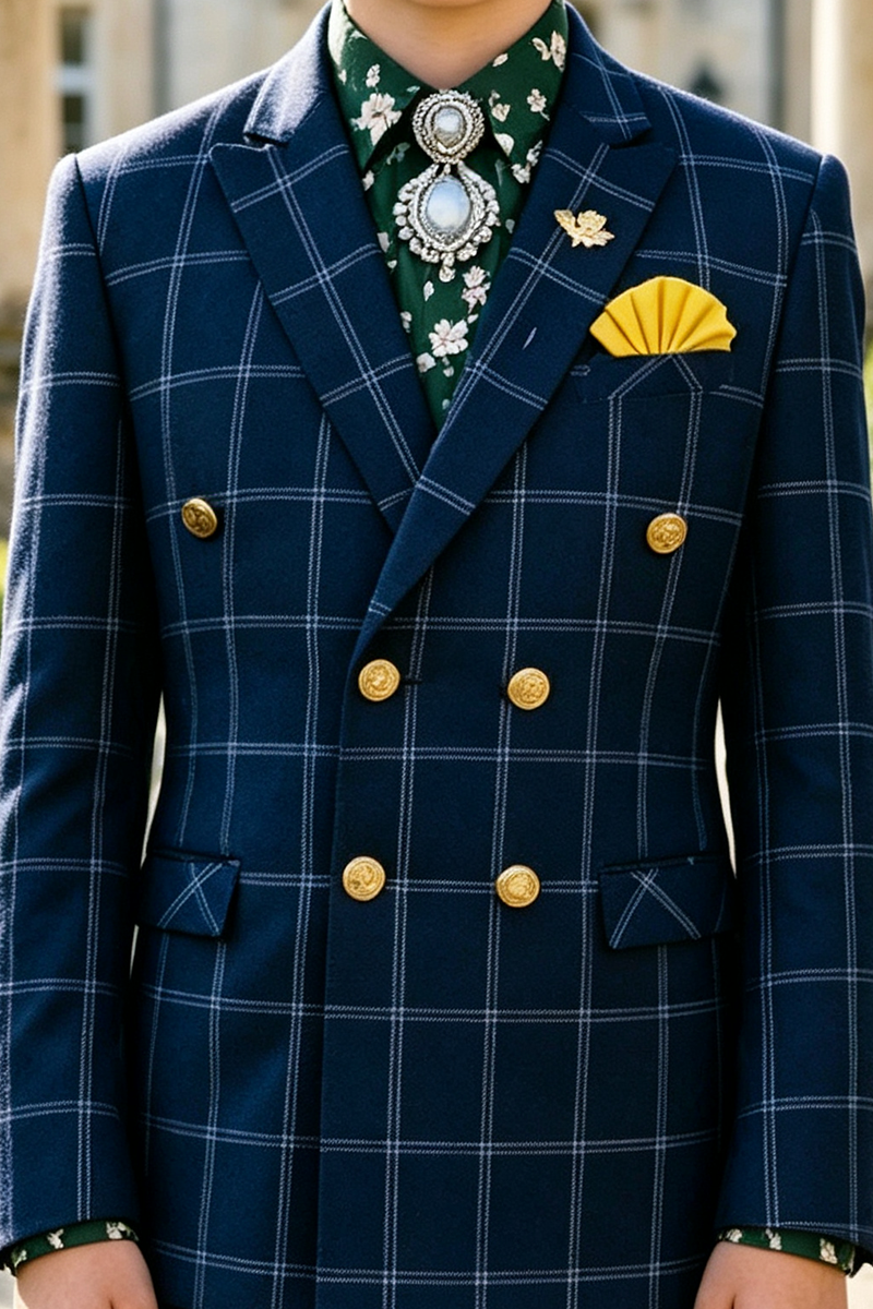 Boys Navy Plaid with Double‑Breaste 2‑Piece Suit for Weddings