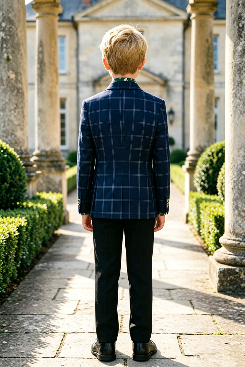 Boys Navy Plaid with Double‑Breaste 2‑Piece Suit for Weddings