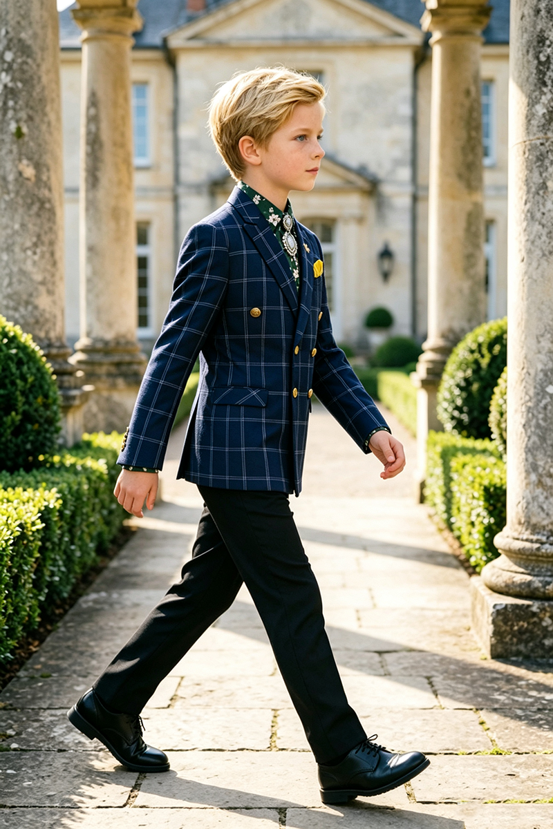 Boys Navy Plaid with Double‑Breaste 2‑Piece Suit for Weddings