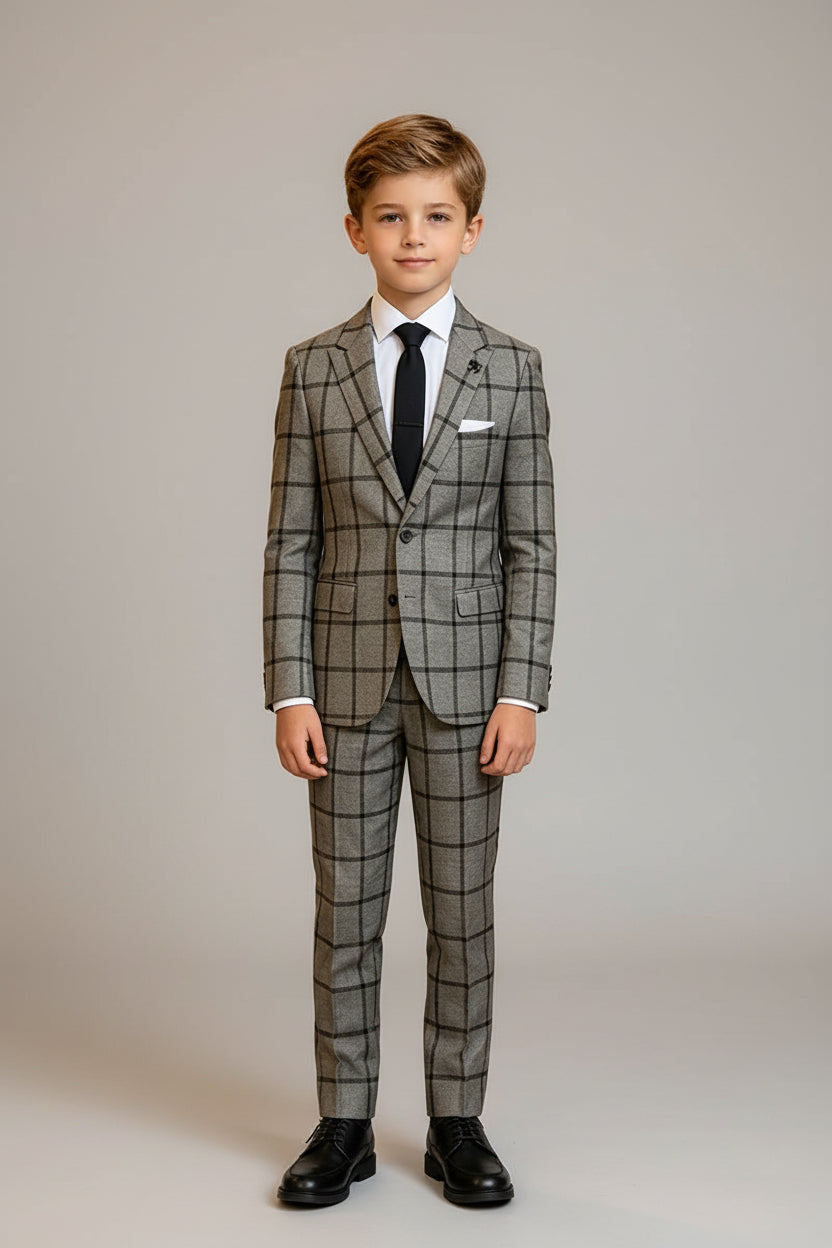Boys Grey Windowpane Plaid with Classic Notch Lapel 2‑Piece Suit for Weddings