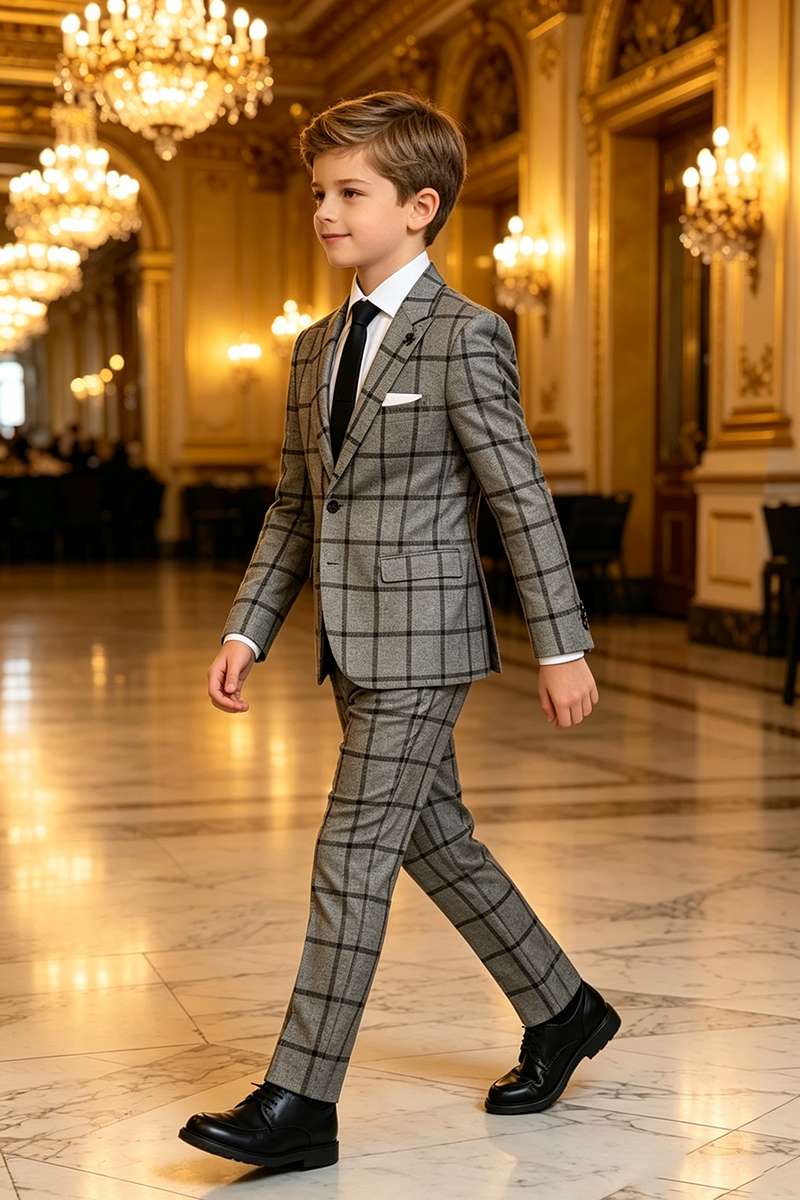 Boys Grey Windowpane Plaid with Classic Notch Lapel 2‑Piece Suit for Weddings