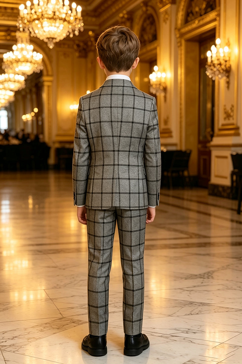 Boys Grey Windowpane Plaid with Classic Notch Lapel 2‑Piece Suit for Weddings