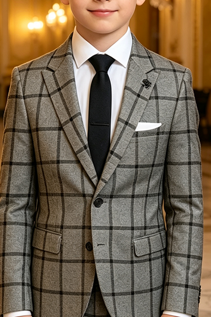 Boys Grey Windowpane Plaid with Classic Notch Lapel 2‑Piece Suit for Weddings