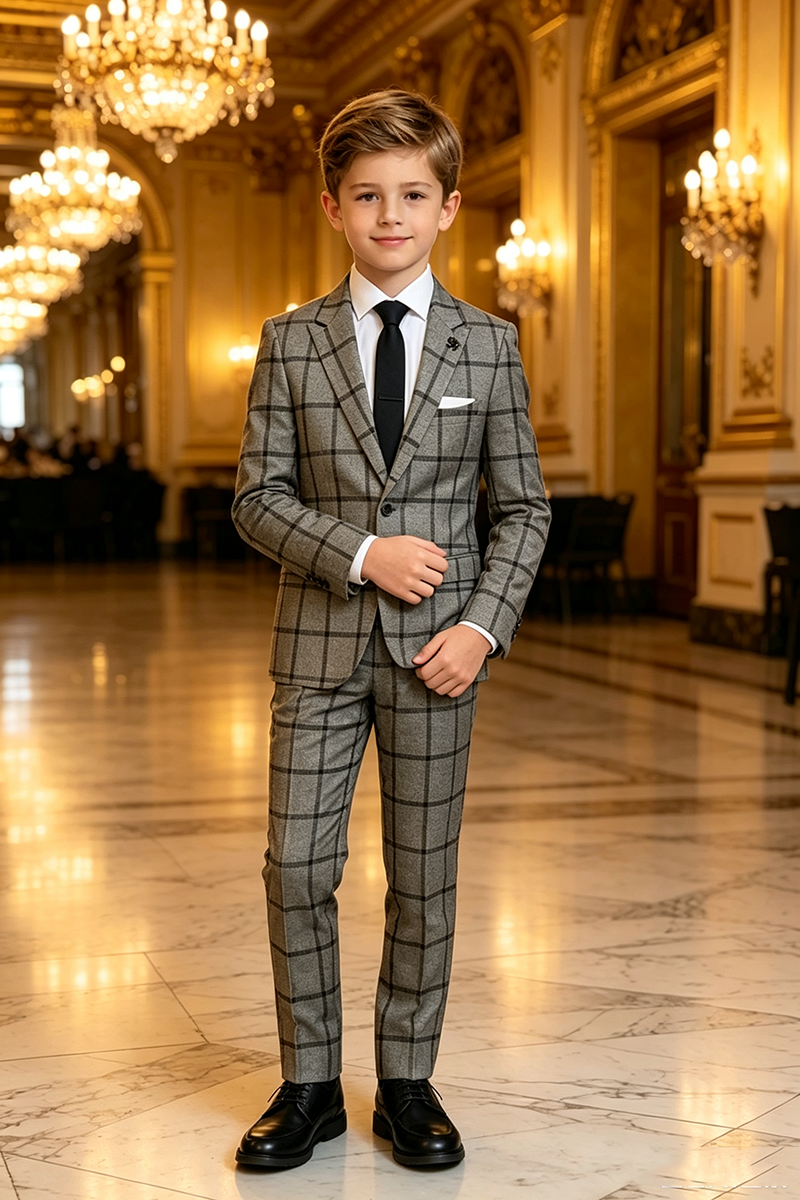 Boys Grey Windowpane Plaid with Classic Notch Lapel 2‑Piece Suit for Weddings