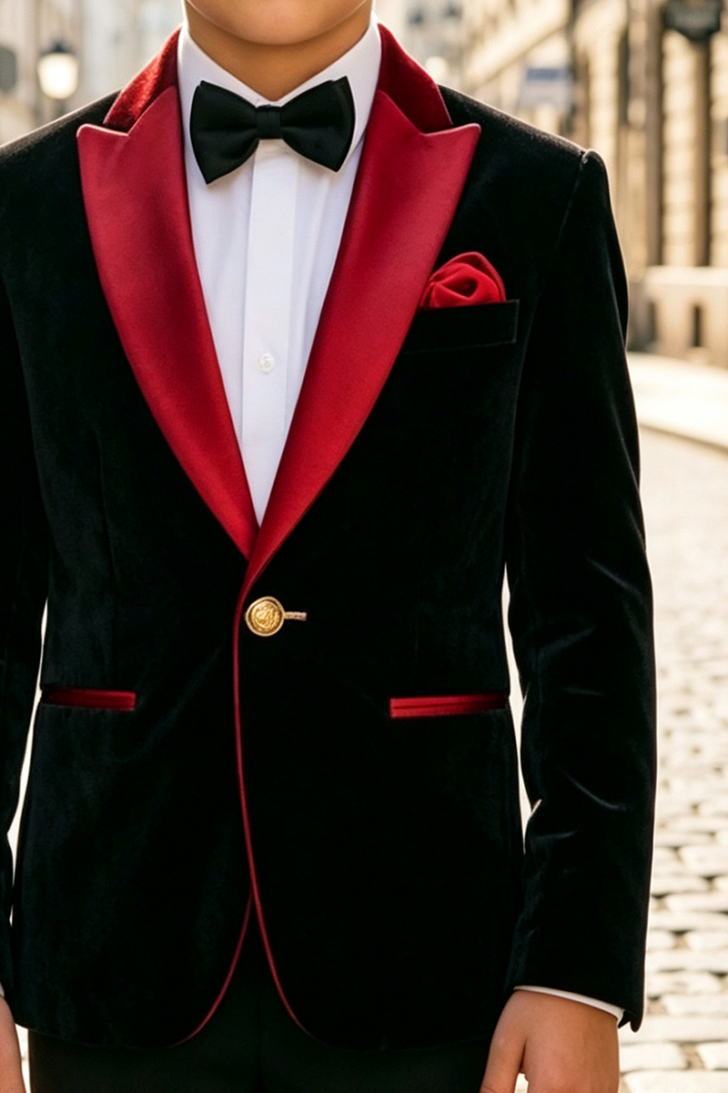 Boys Black Velvet with Vibrant Red Satin Shawl Collar 2‑Piece Suit for Weddings