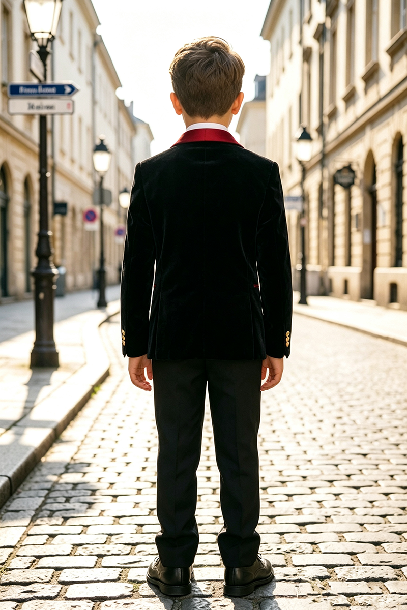 Boys Black Velvet with Vibrant Red Satin Shawl Collar 2‑Piece Suit for Weddings
