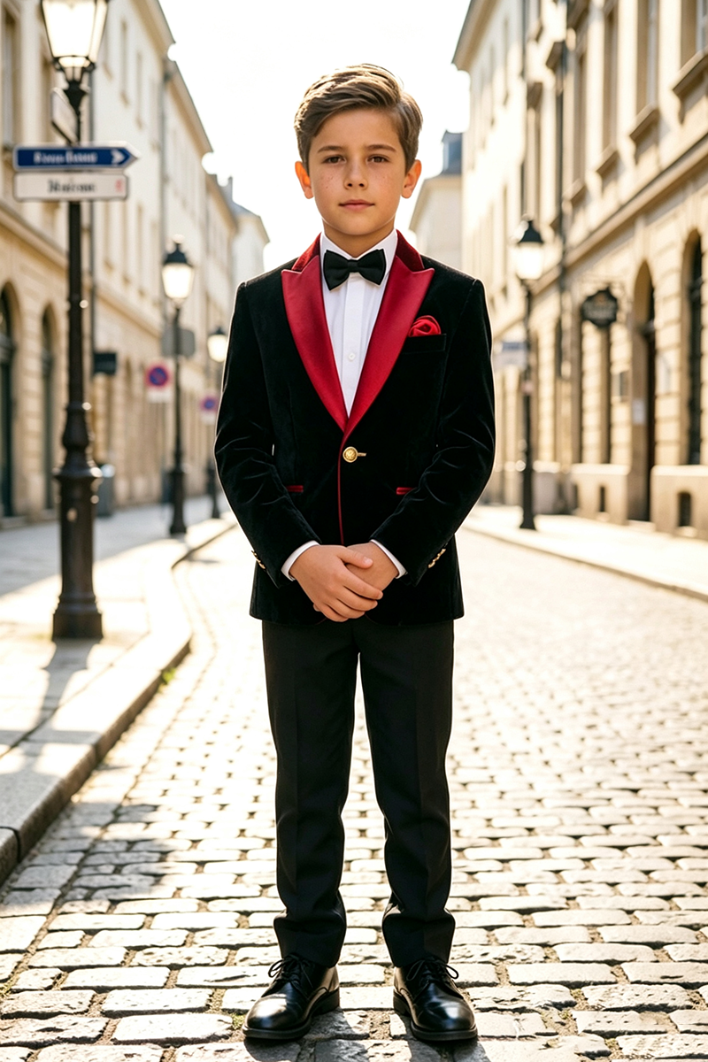 Boys Black Velvet with Vibrant Red Satin Shawl Collar 2‑Piece Suit for Weddings