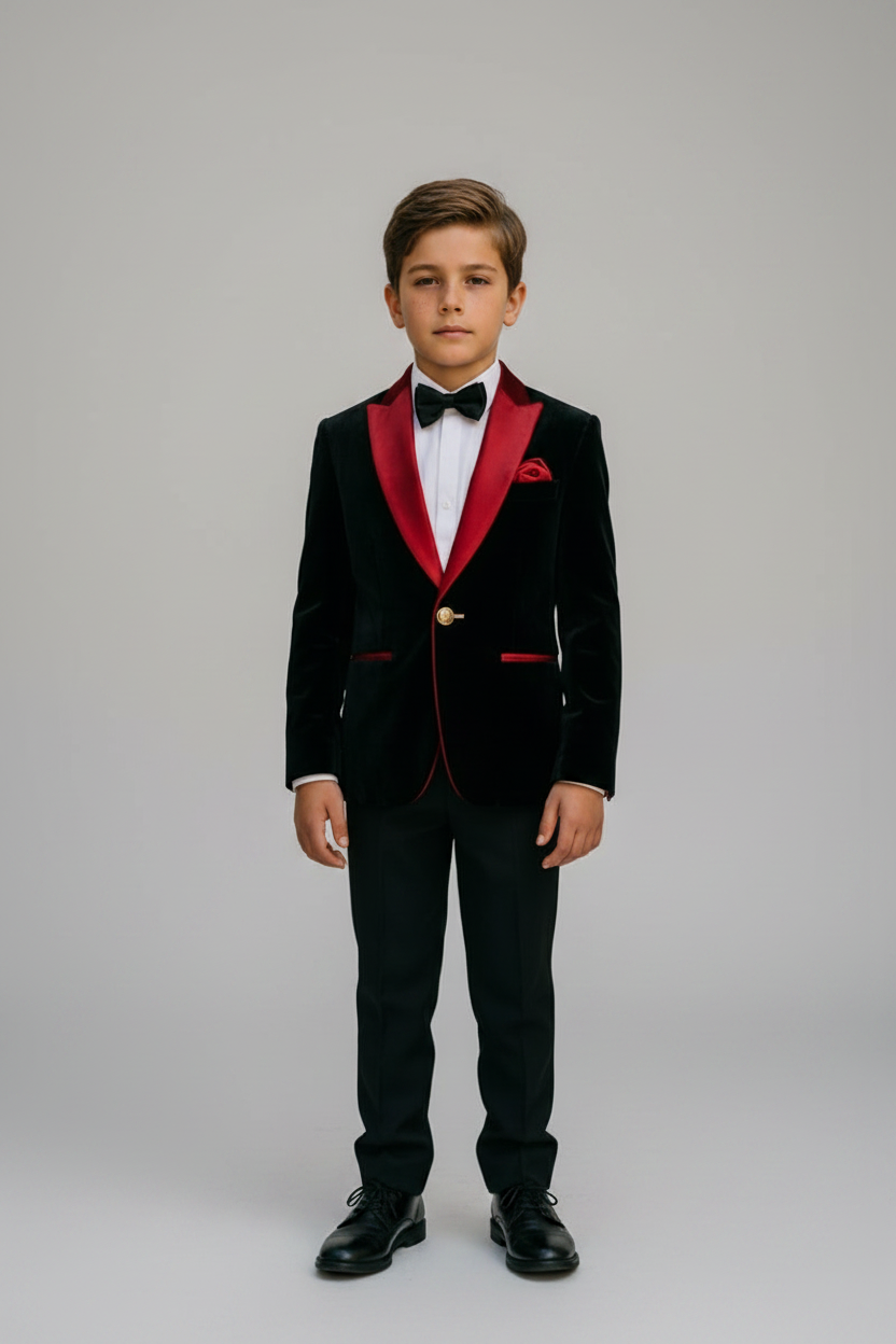 Boys Black Velvet with Vibrant Red Satin Shawl Collar 2‑Piece Suit for Weddings