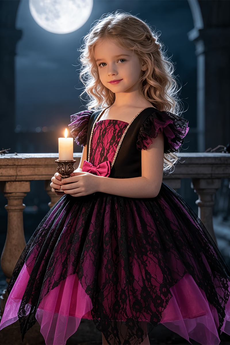 Girls Magenta‑Black Lace Dress for Special Events with Bow & Irregular Tulle Hement