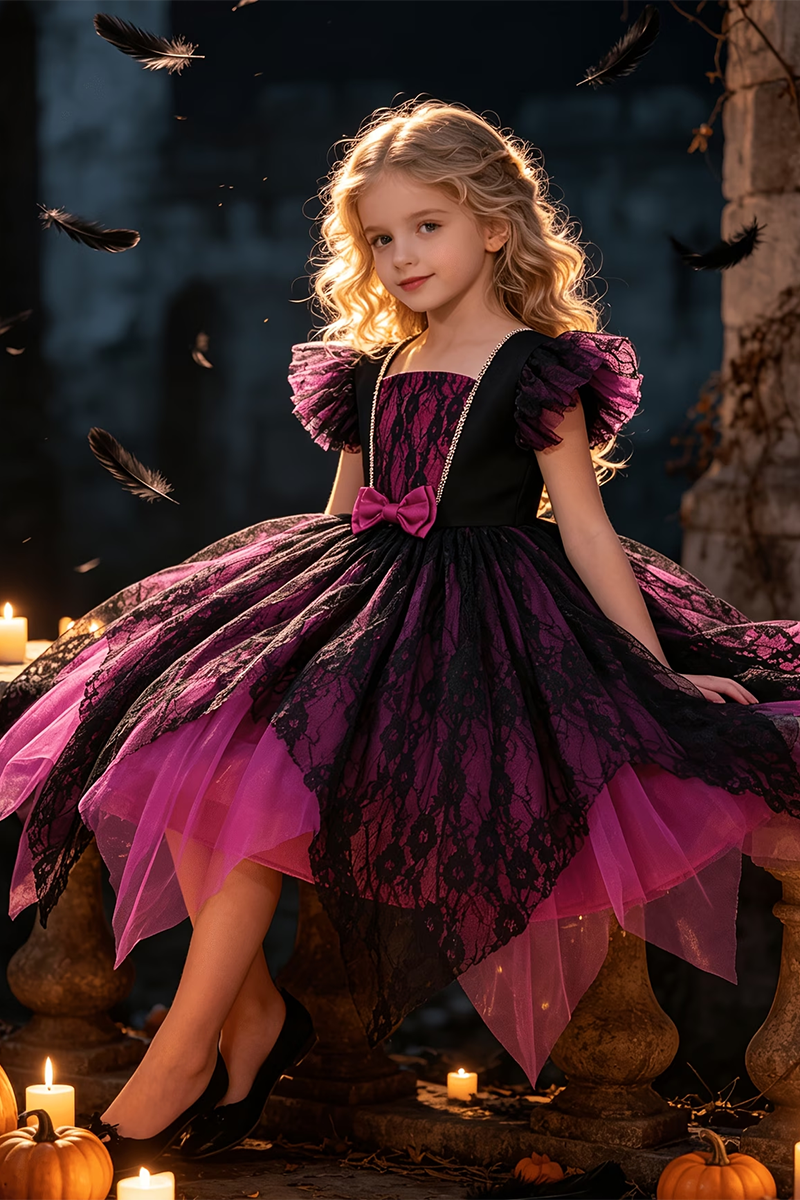 Girls Magenta‑Black Lace Dress for Special Events with Bow & Irregular Tulle Hement